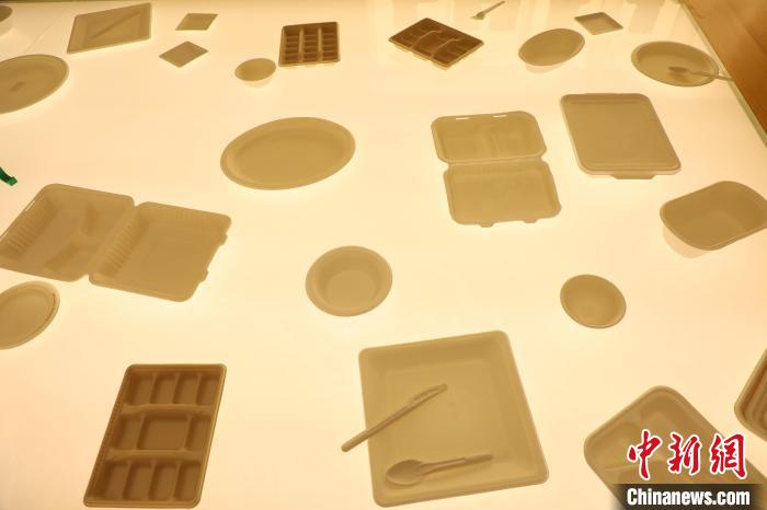 广西来宾一家企业用甘蔗渣制作出的环保餐具。　韦鑫 摄